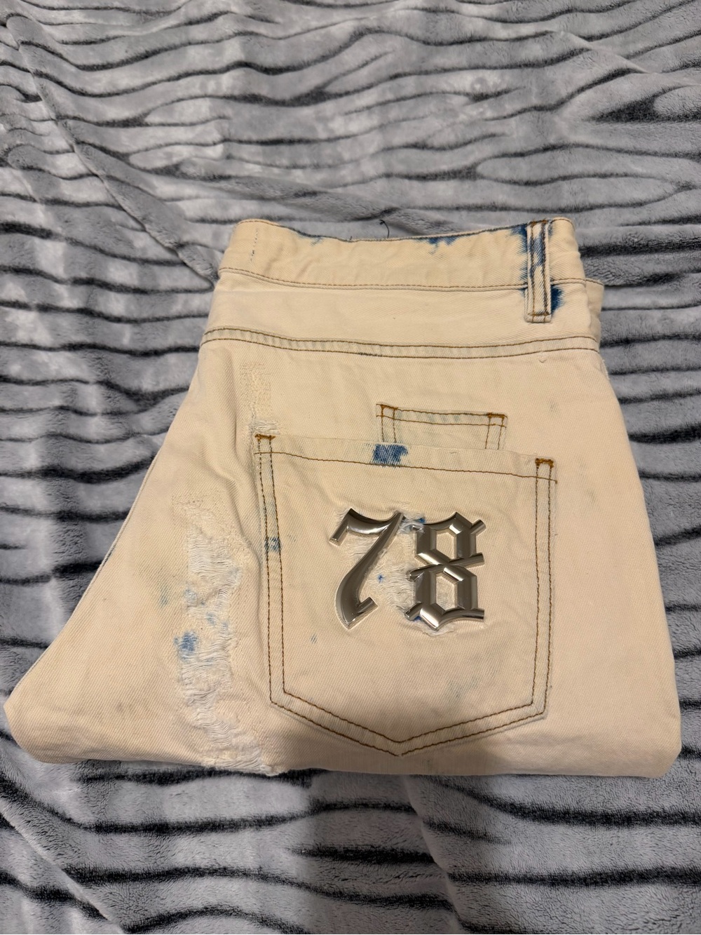 Philipp Plein Cream Straight Cut Jeans with Red Stitching